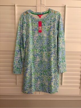 Lilly Pulitzer NWT Large Kenly Long Sleeve Crew Blue & Green Floral
